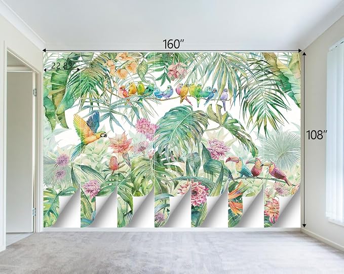 Tropical Green Botanical Flower Birds Leaf Wallpaper Bedroom Plant Floral Mural - Image 4