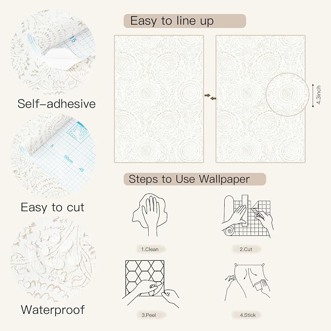 Heroad Boho Peel and Stick Wallpaper Modern Floral Wall Paper Neutral Beige - Image 9
