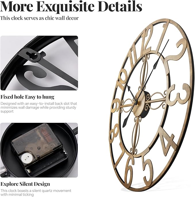 Cuspin 24 Inch Wall Clock Bronze, Large Rustic Decorative Metal Wall Clock - Image 6