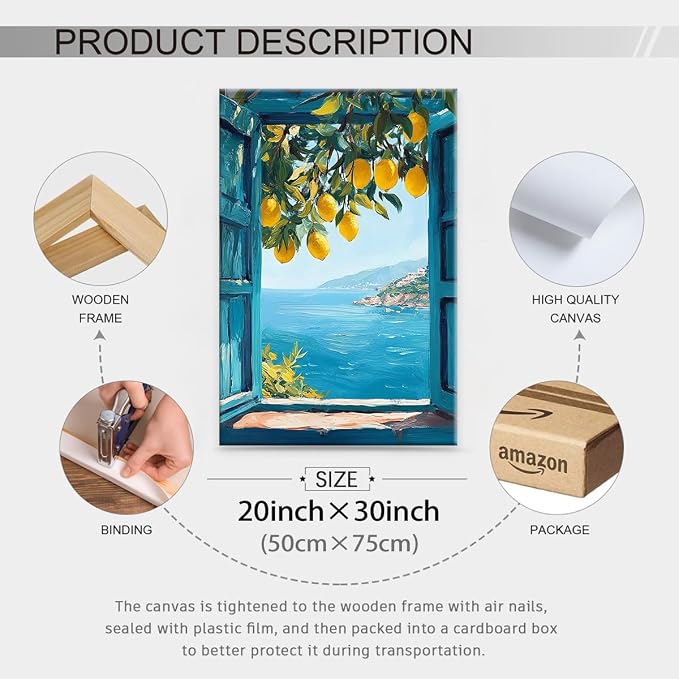 Framed Canvas Wall Art Posters Mediterranean Window View Coastal Lemon Tree - Image 2