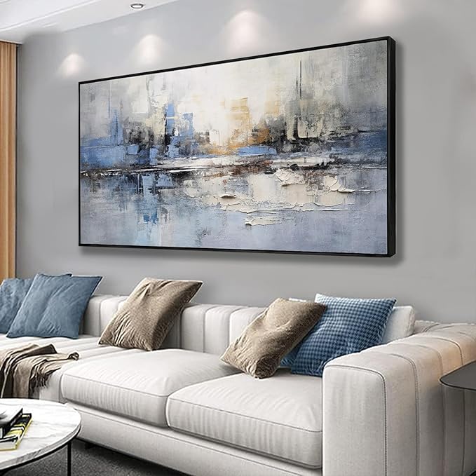 Abstract wall Art Framed Artwork Blue and Gray White Decor Modern Canvas Wall by VHMING