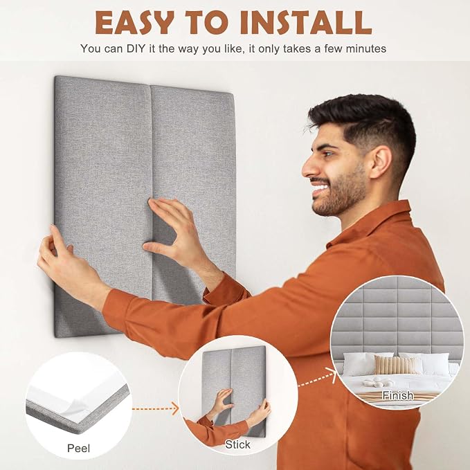 IFNOW Upholstered Wall Mounted Headboard, 3D Soundproof Wall Panels Peel and - Image 4