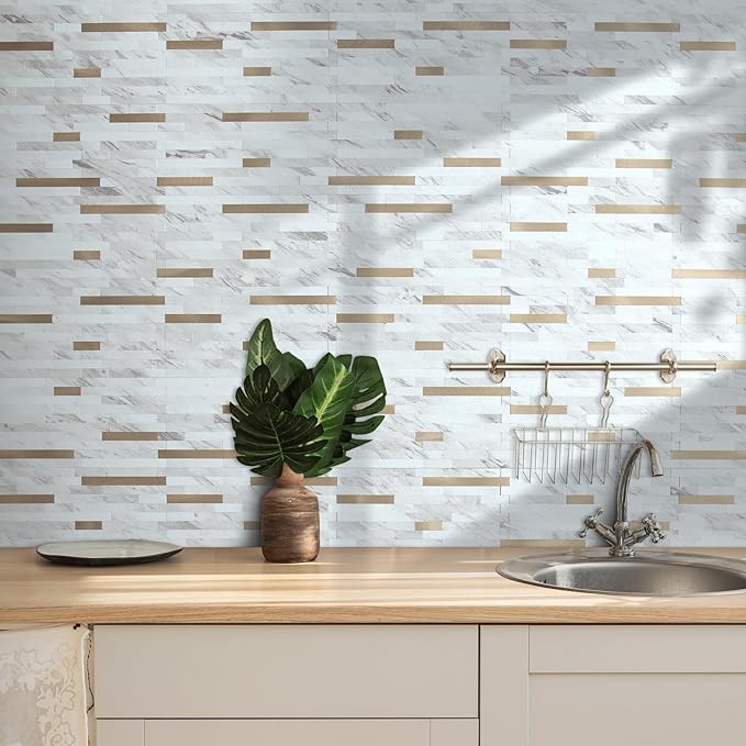 AULIGET 2 Sheets Faux Stone White Marble Peel and Stick Backsplash, PVC Mixed - Image 2