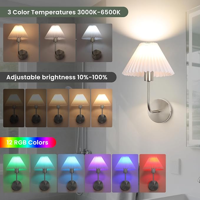 Wireless Wall Sconce Sets of 2, Pleated Shades Rechargeable Battery Operated - Image 3