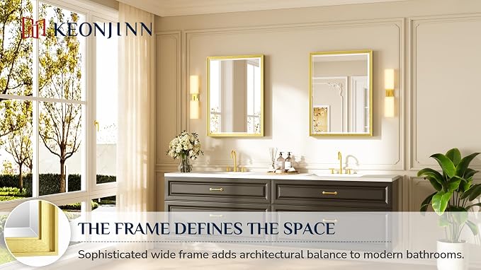 Keonjinn 24" x 32" Brushed Gold Bathroom Vanity Mirror, Aluminum Alloy Frame - Image 7