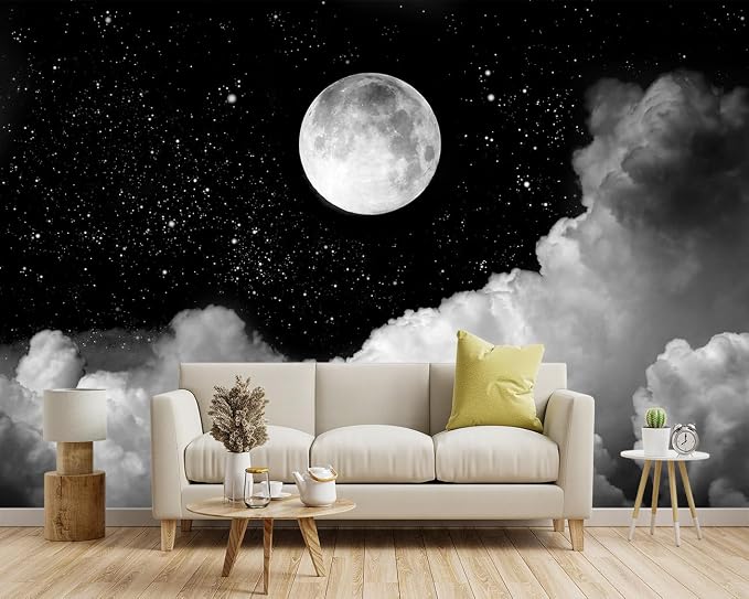 -Gray Galaxy Universe Moon Fabric Wallpaper Ceiling Starry Night White Clouds - Image 2