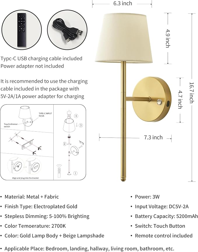 Gold Wall Sconces Set of Two, Small Rechargeable Battery Operated Wall Lamp - Image 5