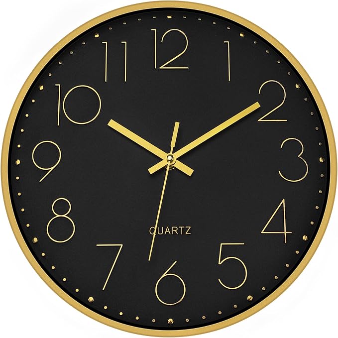 Foxtop Black Gold Wall Clock 12 Inch Silent Non-Ticking Battery Operated Round by Foxtop