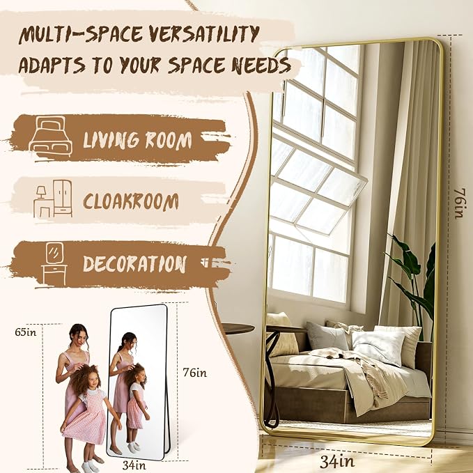 XRAMFY 76"x34" Floor Full Length Mirror Standing Full Body Rounded Corner - Image 4