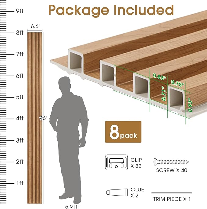 WPC Slat Wall Panels 8 Pack 96" x 6.6", Waterproof Fluted Wall Paneling - Image 5