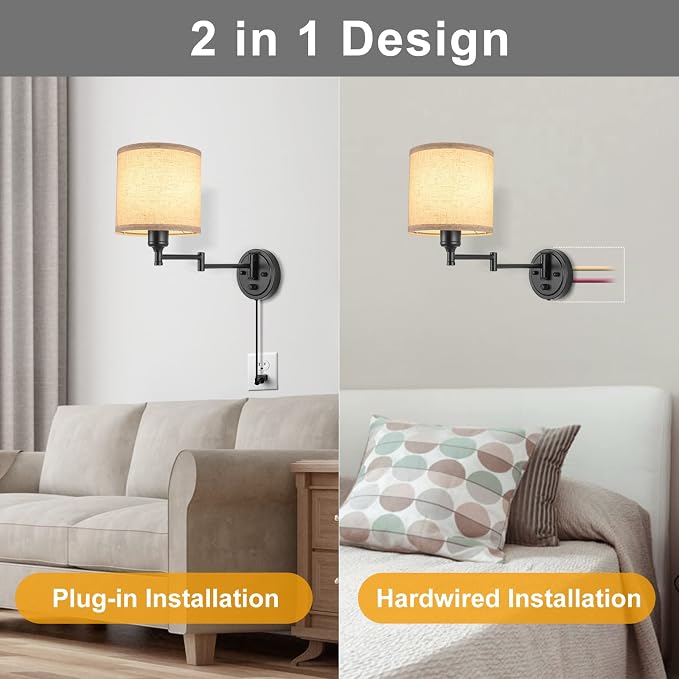 GOODATE ENCOMLI Dimmable Plug in Wall Sconces, Swing Arm Wall Lamp, Wall - Image 8