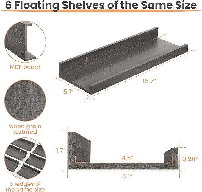 upsimples Floating Shelves for Wall, Wall Shelves for Decor Storage Set of 6 - Image 3