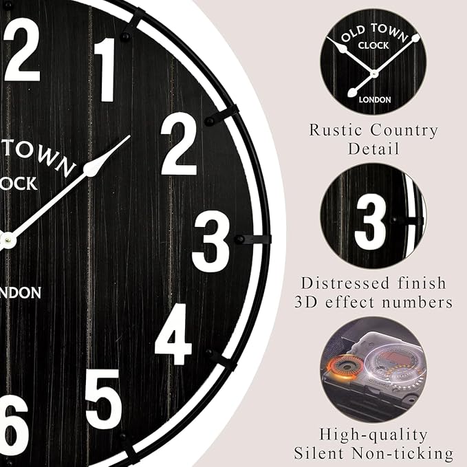 EMAX HOME Large Old Town Farmhouse Black Wall Clock 30 Inch Rustic Antique Wood - Image 5