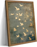 Framed Flock of Birds Canvas Wall Art, Vintage Minimalist Abstract Landscape by Unknown