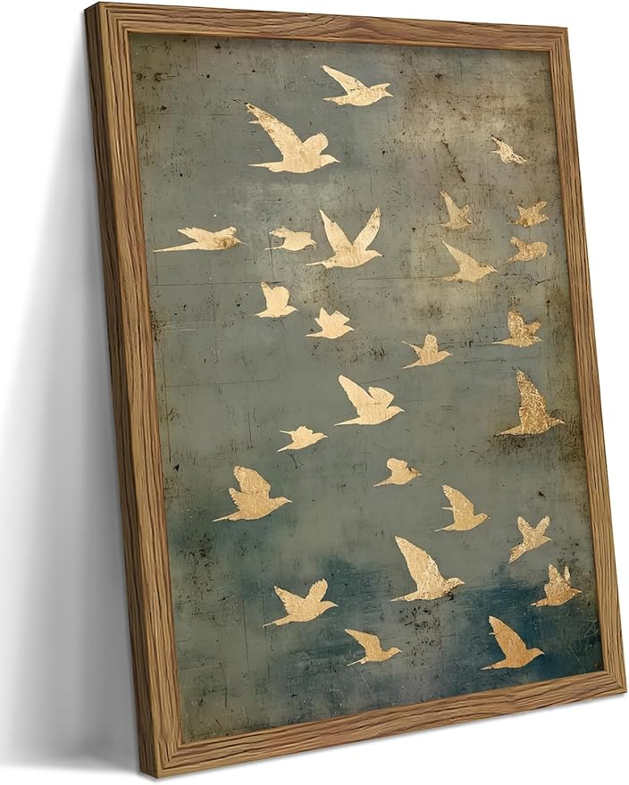 Framed Flock of Birds Canvas Wall Art, Vintage Minimalist Abstract Landscape by Unknown