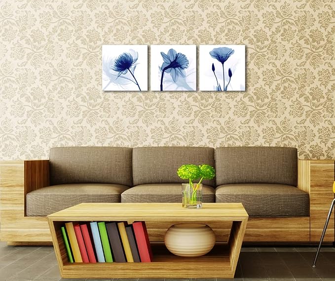 Wieco Art Blue Abstract Flowers 3 Panels Giclee Canvas Prints Wall Art Modern - Image 9