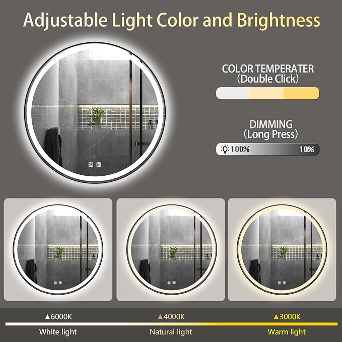 Itrue 36 Inch LED Bathroom Round Mirror, Adjustable Color Temp & Brightness - Image 4