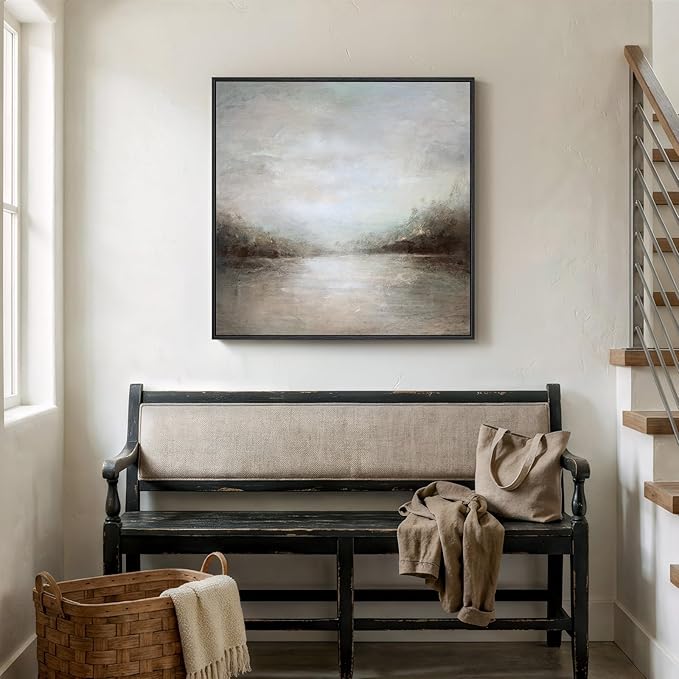 Framed Abstract Lake Landscape Wall Art, Modern Neutral Canvas Prints Artwork - Image 3