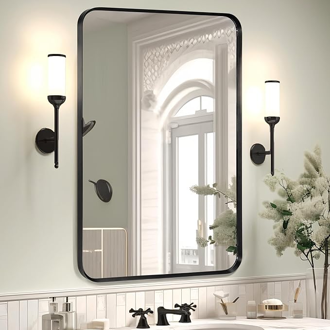 Wall Mount Mirror for Bathroom, Brush Black Metal Framed Rounded Corner by Minuover