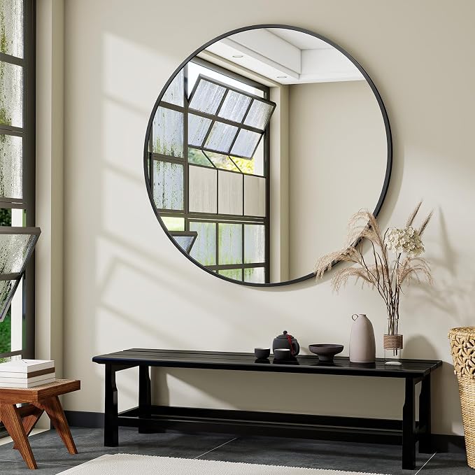 VooBang Large Black Round Bathroom Mirror, 48 inch Circle Wall Mounted Hanging by VooBang