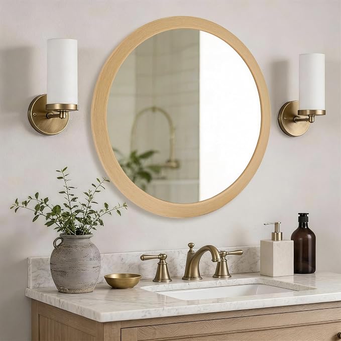 CULER Round Mirrors 24 Inch, Wood Vanity Wall Rustic Mirror, Natural Circle - Image 4