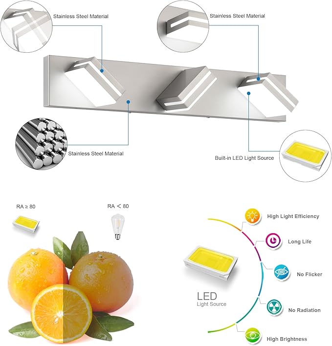 SineRise LED Modern Bathroom Vanity Light Fixtures, Brushed Nickel Modern - Image 2