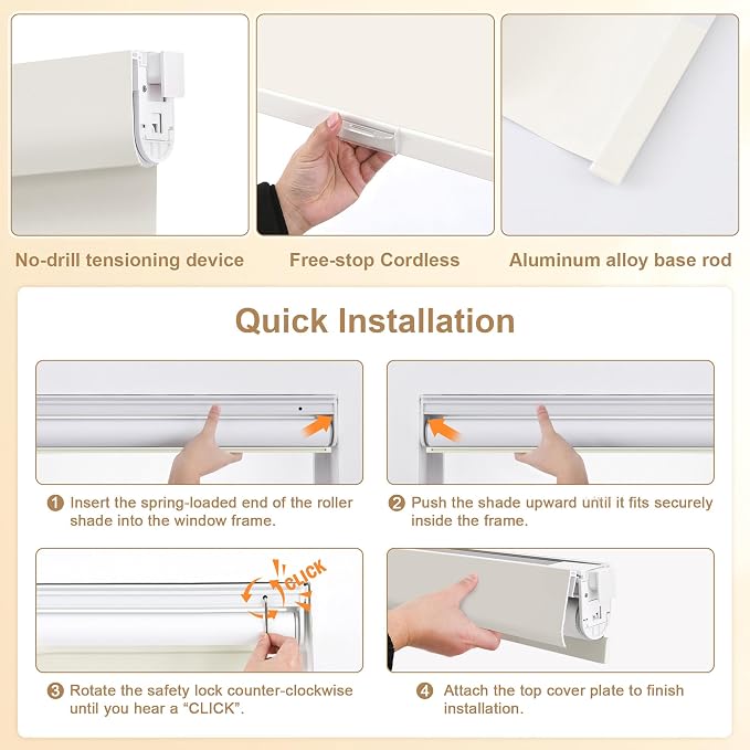 SUNOFF No Drill Tools Cordless Blackout Roller Shades Blinds - Image 2