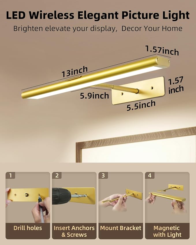 EZVALO Picture Light for Wall, 4800mAh Rechargeable Wireless Remote, 13in - Image 5