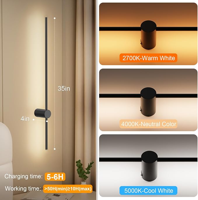 NIORSUN 35.4 Inch Battery Operated Wall Sconce Set of 2, 10 Colors Dimmable - Image 4