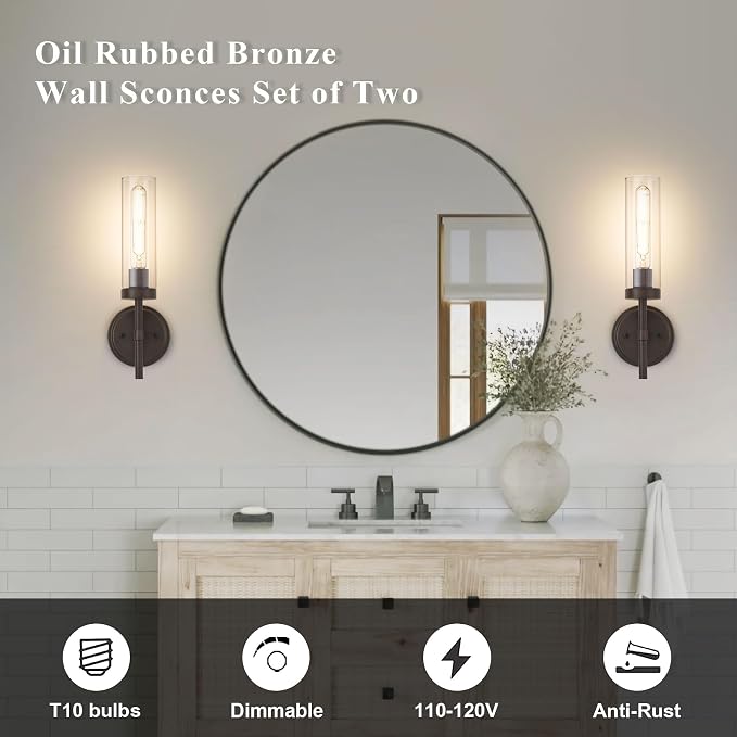 SANTOSTOCK Oil Rubbed Bronze Wall Sconces Set of Two, Bathroom Wall Sconces - Image 2