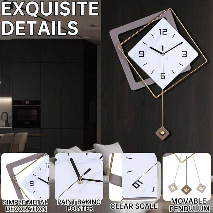 Wall Clock with Pendulum, Silent Quality Quartz Battery Operated, Modern Large - Image 2