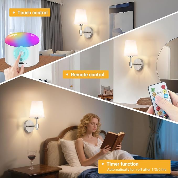 YHCDLAMP Battery Operated Wall Sconces Set of Two, Rechargeable Wireless Wall - Image 7