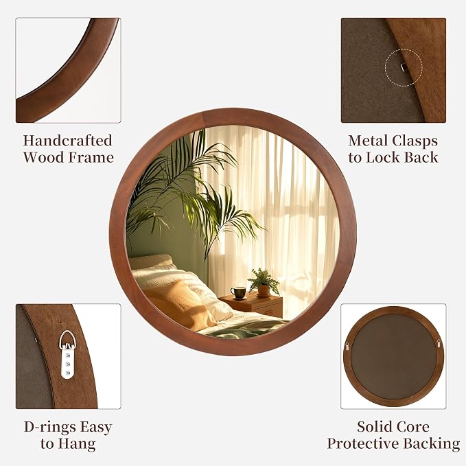 CULER Round Mirror 36 Inch, Wood Rustic Bathroom Tempered Wall Mirror - Image 5