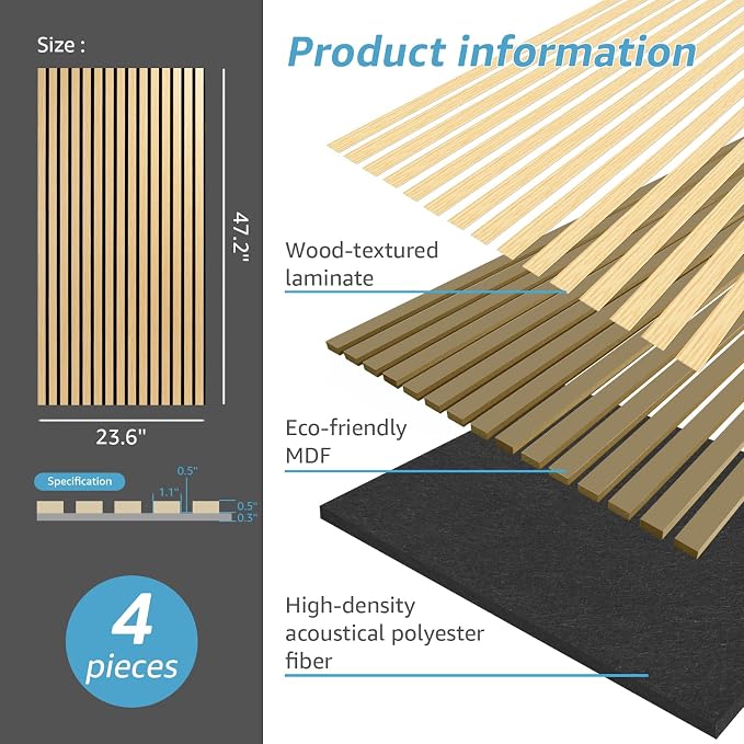 Art3d 4 Pack 47.2 x 23.6in. Wood Slat Acoustic Panels - Image 5