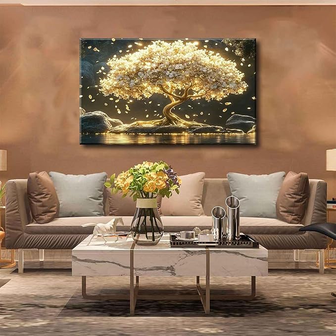 Large Tree of Life Canvas Wall Art Abstract Gold Tree Mountain Lake Decor - Image 4