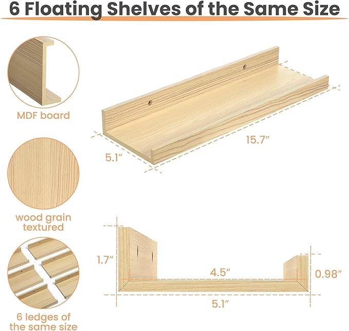 upsimples Floating Shelves for Wall, Wall Shelves for Decor Storage Set of 6 - Image 3