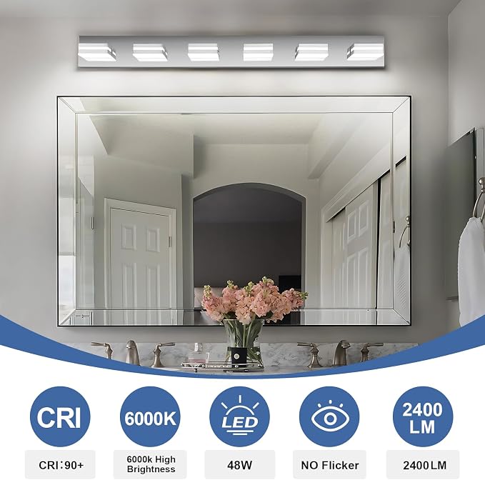 Modern LED Bathroom Lights Fixtures 6-Light, Stainless Steel Chrome Acrylic - Image 5