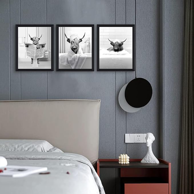 KBKBART Funny Highland Cow Wall Art Set of 3, Rustic Farmhouse Bathroom Cow - Image 6