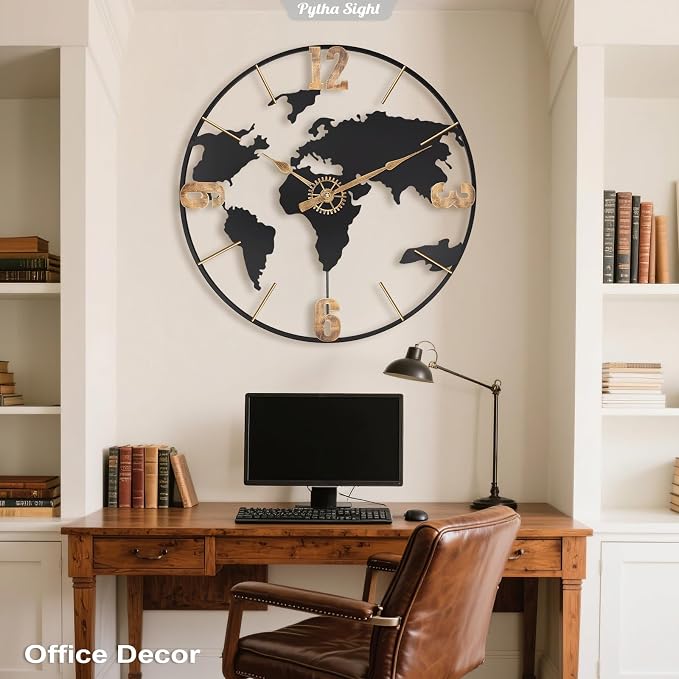 Pytha Sight 30 Inch Large Modern Decorative Metal World Map Wall Clocks Giant - Image 7