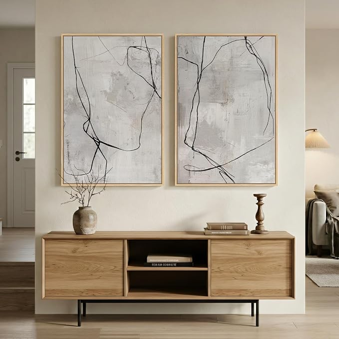 Large Framed Neutral Line Abstract Wall Art Set of 2 - Image 8