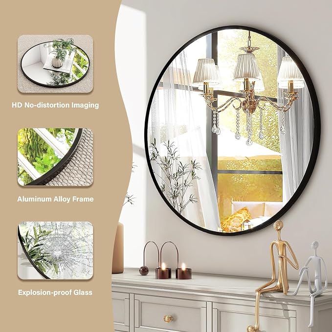 HARRITPURE Round Mirror 30 Black Wall Mounted Circle Mirrors Vanity Mirror - Image 3