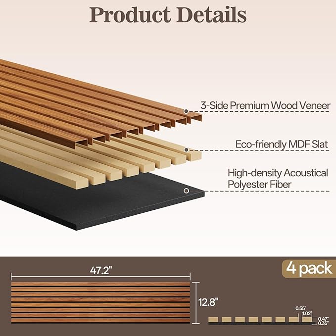 4 Pack Wood Panels for Wall, 47.24" x 12.79" Acoustic Wood Slat Wall Panel for - Image 2
