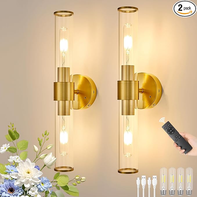 Morauroral Gold Battery Operated Wall Sconces Set of 2, Rechargeable Wall Lights by Morauroral