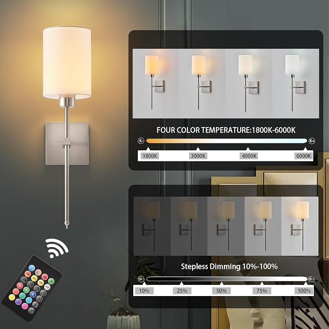 KARTOOSH Battery Operated Wall Sconce Set of Two, Wireless Rechargeable Wall - Image 4