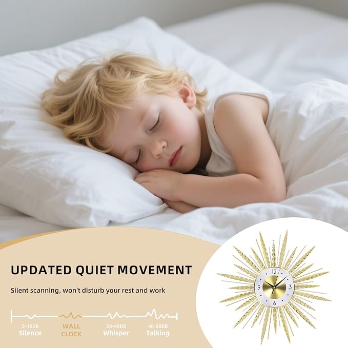 23 inch Gold Starburst Wall Clock, Silent Non-Ticking Large Modern Starburst - Image 3