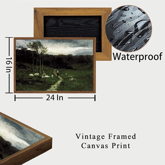 OIQArtOIQ Framed Vintage Landscape Wall Art Shepherd Natural Scenery Oil - Image 5