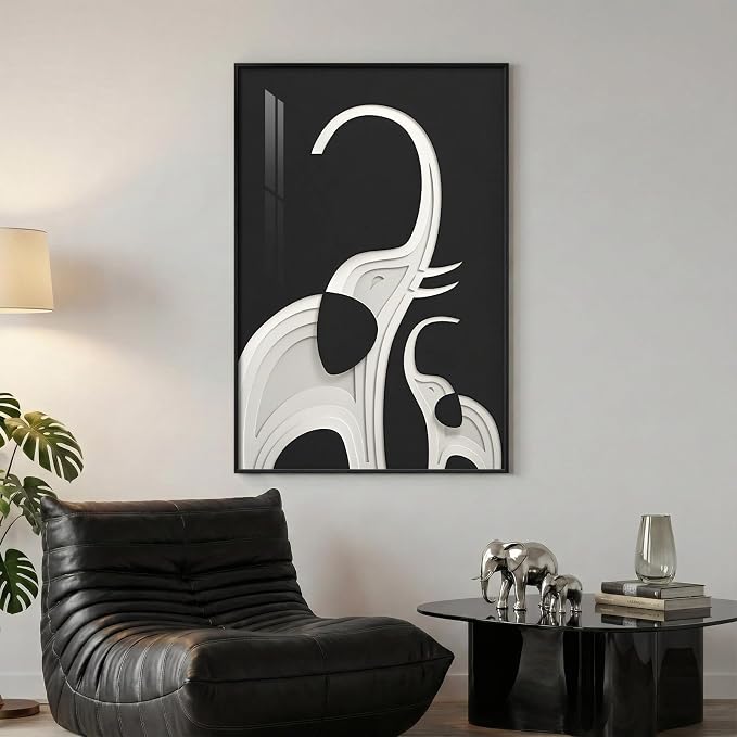 Large Framed Modern Black and White Wall Art, Contemporary Animal Elephant by Cuspin