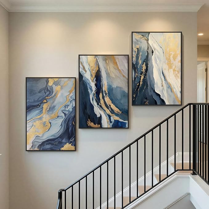 Large Framed Blue and Gold Abstract Wall Art - Image 3