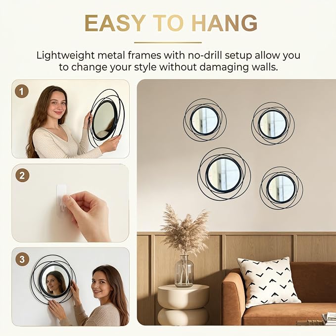 4 Piece Gold Round Wall Mirror Set Modern Metal Circle Home Decor - Image 3