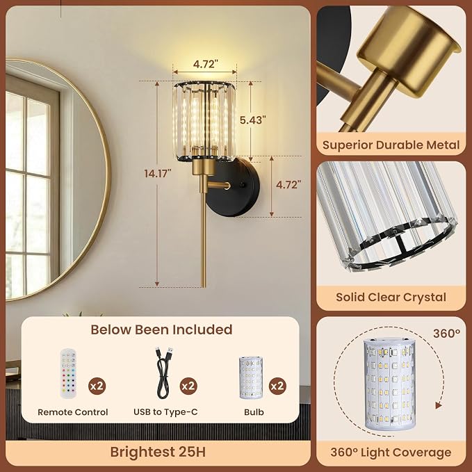 Crystal Battery Operated Wall Sconces, 12 Colors and 3CCT Dimmable Crystal Wall - Image 7